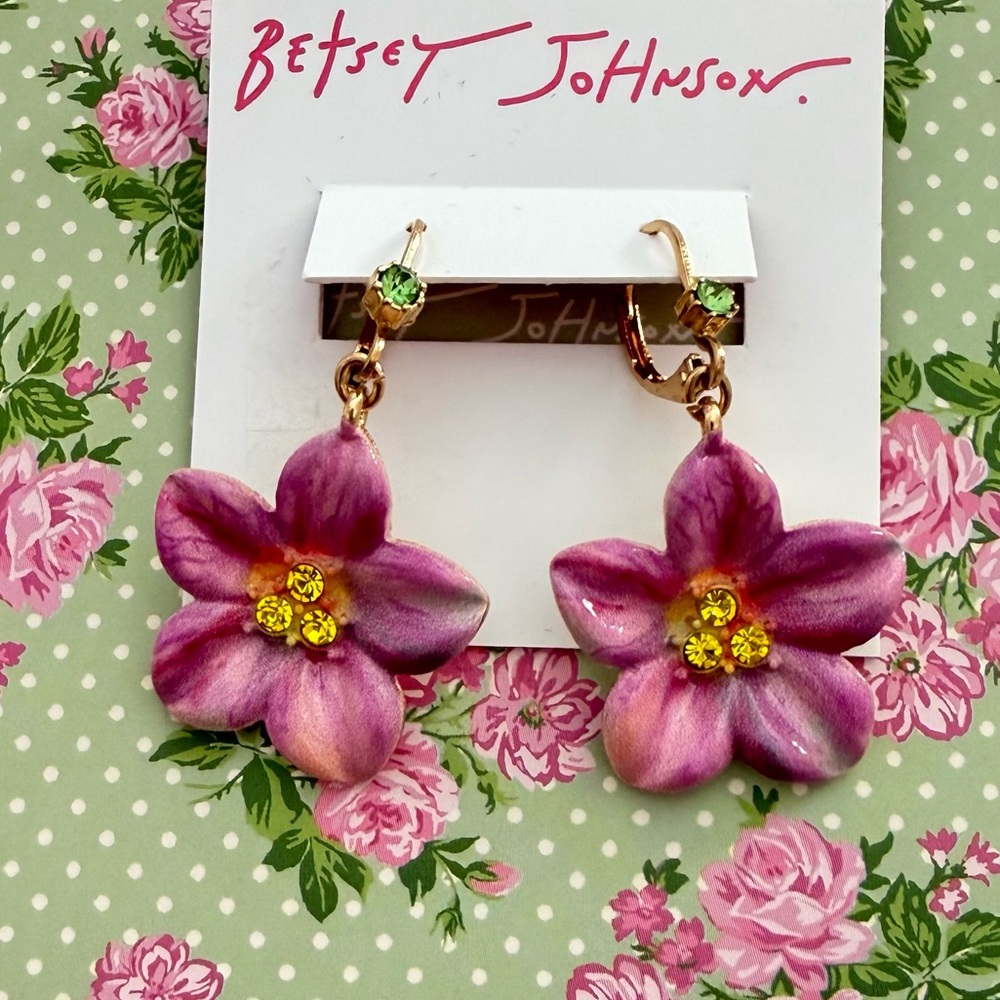 New Betsey Johnson Pink Floral Drop Earrings - Picture 4 of 8